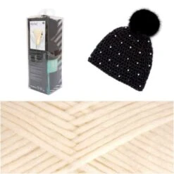 1pc Blanc Crème Pompon Chapeau Strass Crochet Tricot Chapeau Cap Kit Fait à La Main Pour Les Débutan