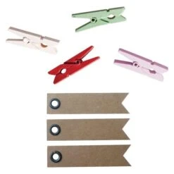 24 Pinces à Linge Bois Blanc Rose Rouge Vert + 20 étiquettes Kraft Fanion