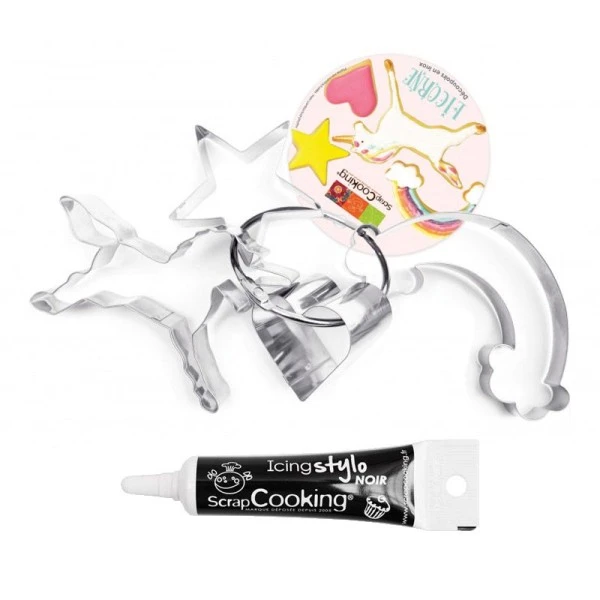 4 Découpoirs à Biscuits Licorne + Stylo De Glaçage Noir 1 4 Découpoirs à Biscuits Licorne + Stylo De Glaçage Noir