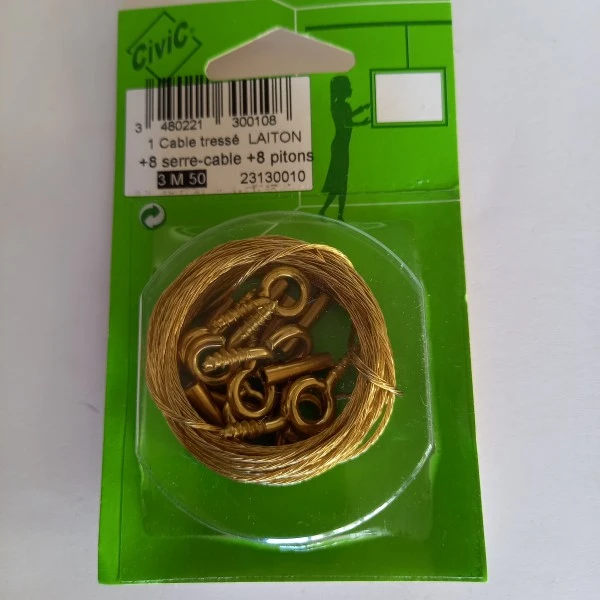 Câble Tressé Laiton +8 Serre Câble + 8 Pitons 1 Câble Tressé Laiton +8 Serre Câble + 8 Pitons