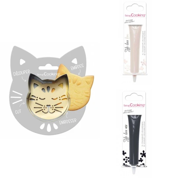 Kit Pour Biscuit En Relief Chat + 2 Stylos Au Chocolat Blanc Et Noir 1 Kit Pour Biscuit En Relief Chat + 2 Stylos Au Chocolat Blanc Et Noir