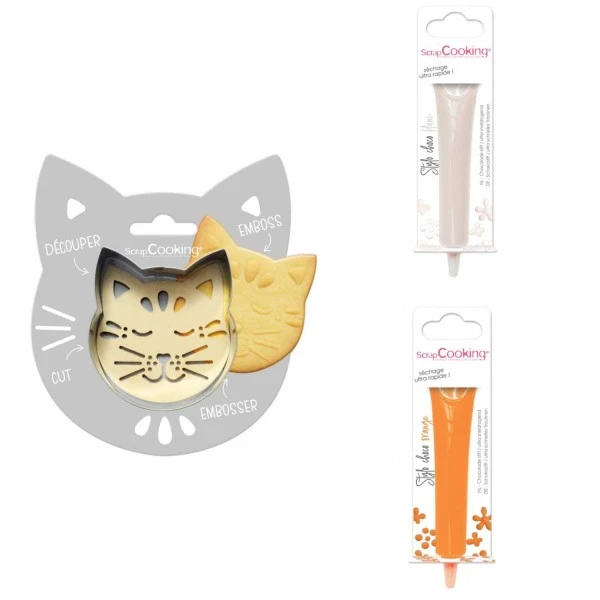Kit Pour Biscuit En Relief Chat + 2 Stylos Au Chocolat Blanc Et Orange 1 Kit Pour Biscuit En Relief Chat + 2 Stylos Au Chocolat Blanc Et Orange