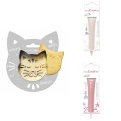 Kit Pour Biscuit En Relief Chat + 2 Stylos Au Chocolat Blanc Et Rose Pastel
