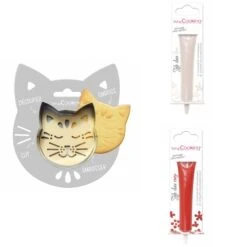 Kit Pour Biscuit En Relief Chat + 2 Stylos Au Chocolat Blanc Et Rouge