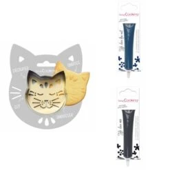 Kit Pour Biscuit En Relief Chat + 2 Stylos Au Chocolat Bleu Nuit Et Noir
