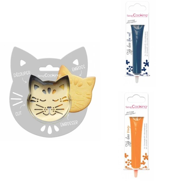 Kit Pour Biscuit En Relief Chat + 2 Stylos Au Chocolat Bleu Nuit Et Orange 1 Kit Pour Biscuit En Relief Chat + 2 Stylos Au Chocolat Bleu Nuit Et Orange