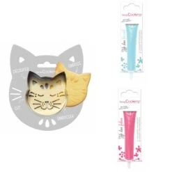 Kit Pour Biscuit En Relief Chat + 2 Stylos Au Chocolat Bleu Pastel Et Fuchsia