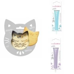 Kit Pour Biscuit En Relief Chat + 2 Stylos Au Chocolat Bleu Pastel Et Lilas