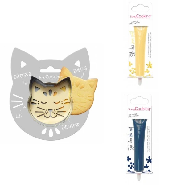 Kit Pour Biscuit En Relief Chat + 2 Stylos Au Chocolat Jaune Pastel Et Bleu Nuit 1 Kit Pour Biscuit En Relief Chat + 2 Stylos Au Chocolat Jaune Pastel Et Bleu Nuit