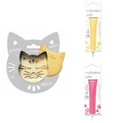 Kit Pour Biscuit En Relief Chat + 2 Stylos Au Chocolat Jaune Pastel Et Fuchsia