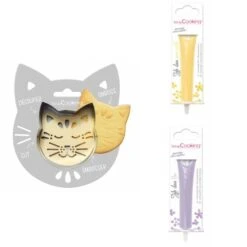 Kit Pour Biscuit En Relief Chat + 2 Stylos Au Chocolat Jaune Pastel Et Lilas