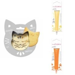 Kit Pour Biscuit En Relief Chat + 2 Stylos Au Chocolat Jaune Pastel Et Orange