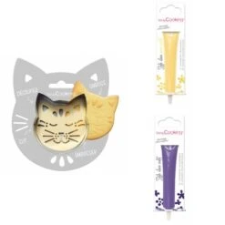 Kit Pour Biscuit En Relief Chat + 2 Stylos Au Chocolat Jaune Pastel Et Violet