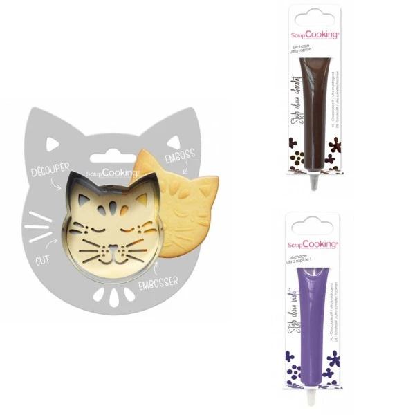 Kit Pour Biscuit En Relief Chat + 2 Stylos Au Chocolat Marron Et Violet 1 Kit Pour Biscuit En Relief Chat + 2 Stylos Au Chocolat Marron Et Violet
