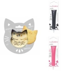Kit Pour Biscuit En Relief Chat + 2 Stylos Au Chocolat Noir Et Fuchsia
