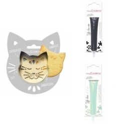 Kit Pour Biscuit En Relief Chat + 2 Stylos Au Chocolat Noir Et Vert D'eau