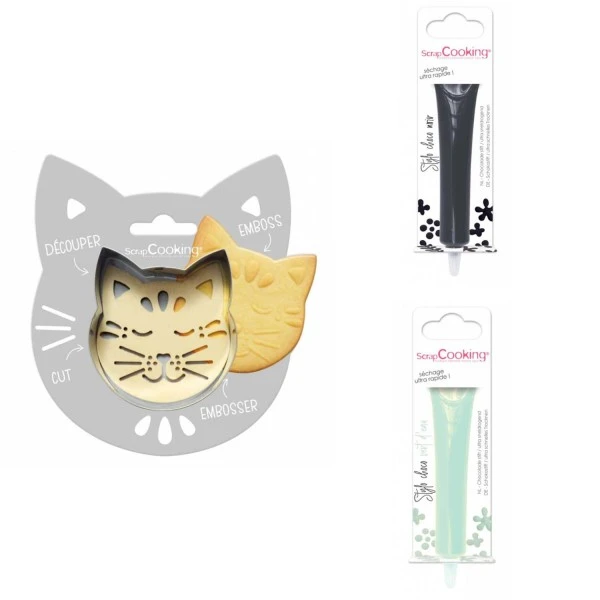 Kit Pour Biscuit En Relief Chat + 2 Stylos Au Chocolat Noir Et Vert D'eau 1 Kit Pour Biscuit En Relief Chat + 2 Stylos Au Chocolat Noir Et Vert D'eau