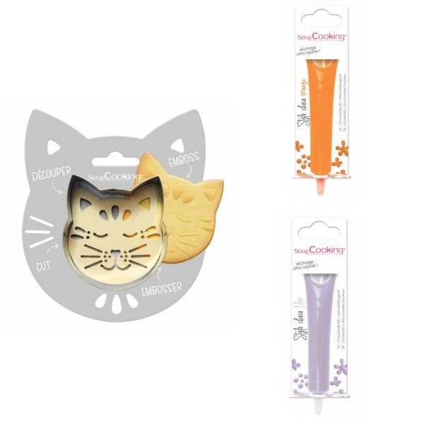 Kit Pour Biscuit En Relief Chat + 2 Stylos Au Chocolat Orange Et Lilas 1 Kit Pour Biscuit En Relief Chat + 2 Stylos Au Chocolat Orange Et Lilas