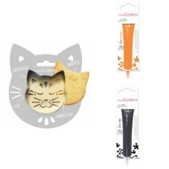 Kit Pour Biscuit En Relief Chat + 2 Stylos Au Chocolat Orange Et Noir