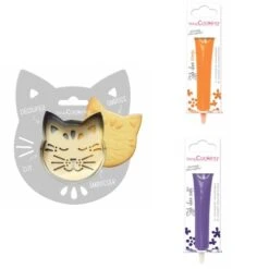 Kit Pour Biscuit En Relief Chat + 2 Stylos Au Chocolat Orange Et Violet
