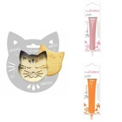 Kit Pour Biscuit En Relief Chat + 2 Stylos Au Chocolat Rose Pastel Et Orange