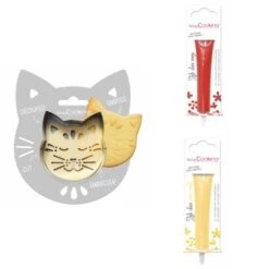 Kit Pour Biscuit En Relief Chat + 2 Stylos Au Chocolat Rouge Et Jaune Pastel