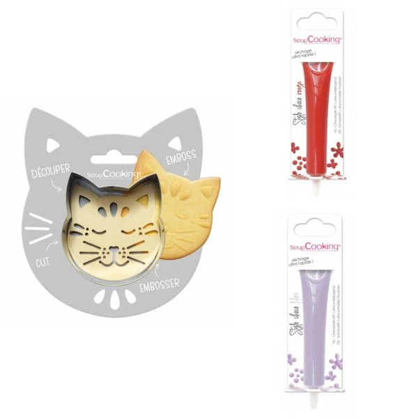 Kit Pour Biscuit En Relief Chat + 2 Stylos Au Chocolat Rouge Et Lilas 1 Kit Pour Biscuit En Relief Chat + 2 Stylos Au Chocolat Rouge Et Lilas
