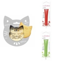 Kit Pour Biscuit En Relief Chat + 2 Stylos Au Chocolat Rouge Et Vert Clair