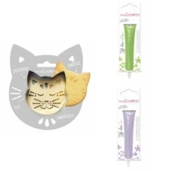 Kit Pour Biscuit En Relief Chat + 2 Stylos Au Chocolat Vert Clair Et Lilas