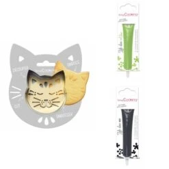 Kit Pour Biscuit En Relief Chat + 2 Stylos Au Chocolat Vert Clair Et Noir