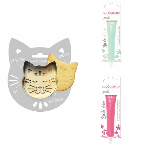 Kit Pour Biscuit En Relief Chat + 2 Stylos Au Chocolat Vert D'eau Et Fuchsia 1 Kit Pour Biscuit En Relief Chat + 2 Stylos Au Chocolat Vert D'eau Et Fuchsia