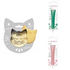 Kit Pour Biscuit En Relief Chat + 2 Stylos Au Chocolat Vert Et Rose Pastel