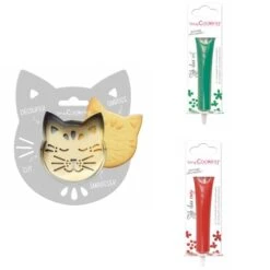 Kit Pour Biscuit En Relief Chat + 2 Stylos Au Chocolat Vert Et Rouge