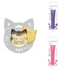 Kit Pour Biscuit En Relief Chat + 2 Stylos Au Chocolat Violet Et Fuchsia