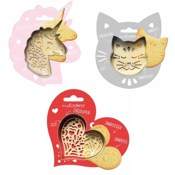 Kit Pour Biscuit En Relief Chat + Licorne + Coeur 1 Kit Pour Biscuit En Relief Chat + Licorne + Coeur
