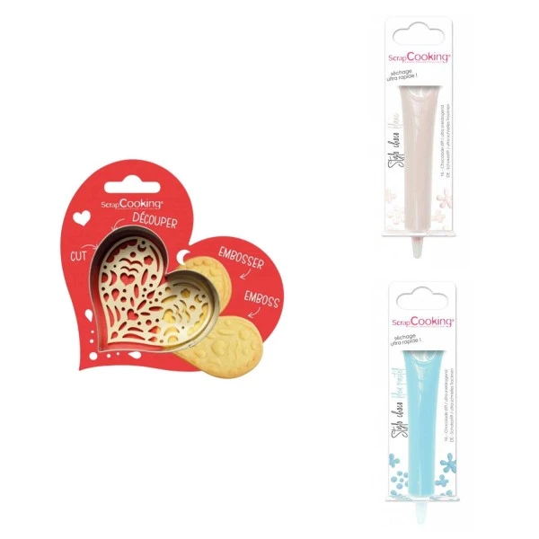 Kit Pour Biscuit En Relief Coeur + 2 Stylos Au Chocolat Blanc Et Bleu Pastel 2 Kit Pour Biscuit En Relief Coeur + 2 Stylos Au Chocolat Blanc Et Bleu Pastel – Image 2