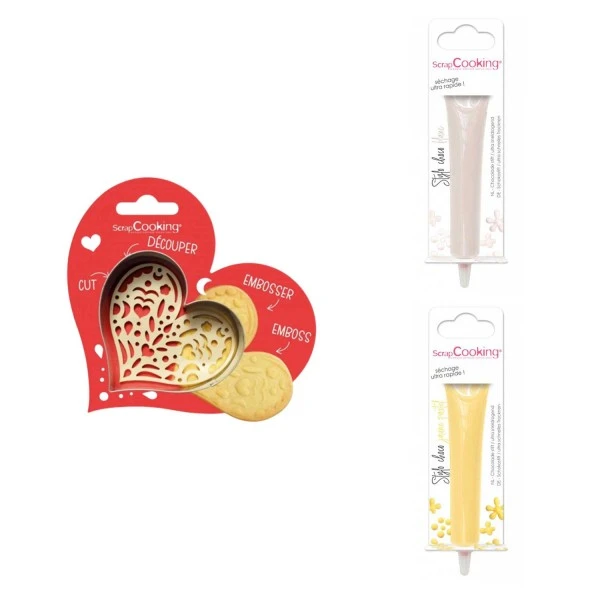 Kit Pour Biscuit En Relief Coeur + 2 Stylos Au Chocolat Blanc Et Jaune Pastel 2 Kit Pour Biscuit En Relief Coeur + 2 Stylos Au Chocolat Blanc Et Jaune Pastel – Image 2