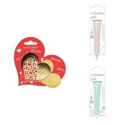 Kit Pour Biscuit En Relief Coeur + 2 Stylos Au Chocolat Blanc Et Vert D'eau