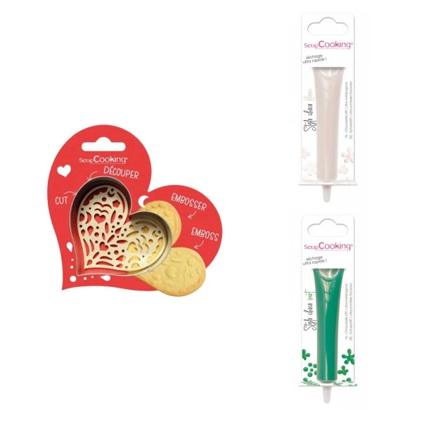 Kit Pour Biscuit En Relief Coeur + 2 Stylos Au Chocolat Blanc Et Vert 2 Kit Pour Biscuit En Relief Coeur + 2 Stylos Au Chocolat Blanc Et Vert – Image 2