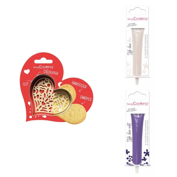 Kit Pour Biscuit En Relief Coeur + 2 Stylos Au Chocolat Blanc Et Violet 2 Kit Pour Biscuit En Relief Coeur + 2 Stylos Au Chocolat Blanc Et Violet – Image 2