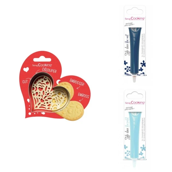 Kit Pour Biscuit En Relief Coeur + 2 Stylos Au Chocolat Bleu Nuit Et Bleu Pastel 1 Kit Pour Biscuit En Relief Coeur + 2 Stylos Au Chocolat Bleu Nuit Et Bleu Pastel