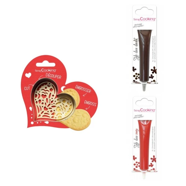 Kit Pour Biscuit En Relief Coeur + 2 Stylos Au Chocolat Marron Et Rouge 2 Kit Pour Biscuit En Relief Coeur + 2 Stylos Au Chocolat Marron Et Rouge – Image 2