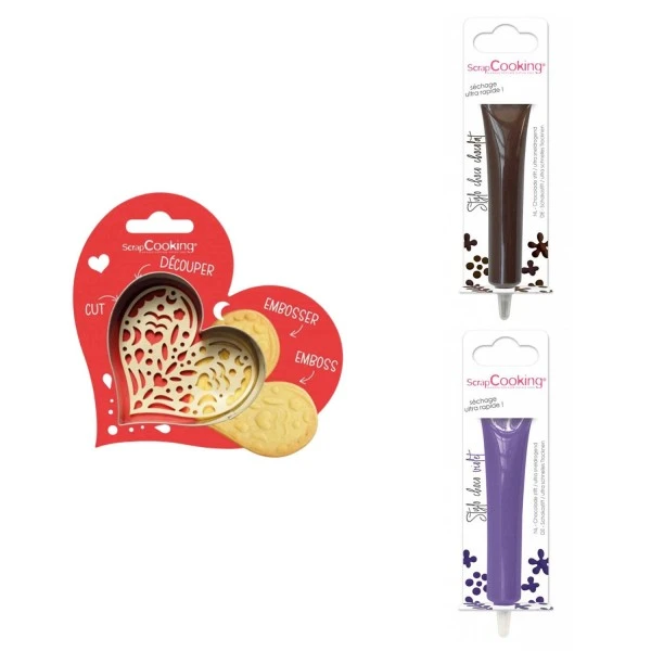 Kit Pour Biscuit En Relief Coeur + 2 Stylos Au Chocolat Marron Et Violet 1 Kit Pour Biscuit En Relief Coeur + 2 Stylos Au Chocolat Marron Et Violet