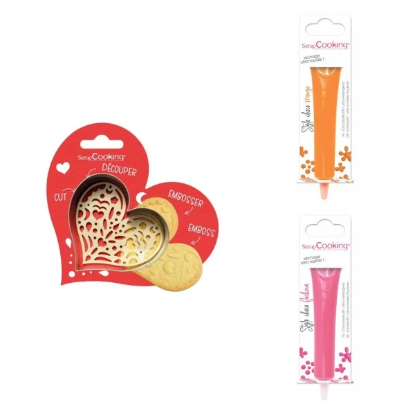 Kit Pour Biscuit En Relief Coeur + 2 Stylos Au Chocolat Orange Et Fuchsia 1 Kit Pour Biscuit En Relief Coeur + 2 Stylos Au Chocolat Orange Et Fuchsia