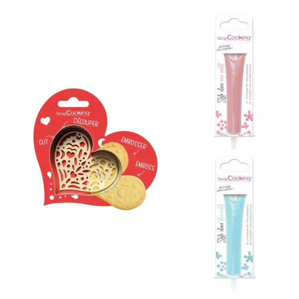 Kit Pour Biscuit En Relief Coeur + 2 Stylos Au Chocolat Rose Pastel Et Bleu Pastel 1 Kit Pour Biscuit En Relief Coeur + 2 Stylos Au Chocolat Rose Pastel Et Bleu Pastel