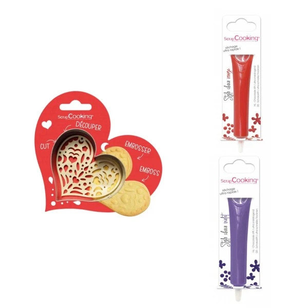 Kit Pour Biscuit En Relief Coeur + 2 Stylos Au Chocolat Rouge Et Violet 1 Kit Pour Biscuit En Relief Coeur + 2 Stylos Au Chocolat Rouge Et Violet