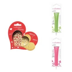 Kit Pour Biscuit En Relief Coeur + 2 Stylos Au Chocolat Vert Clair Et Fuchsia