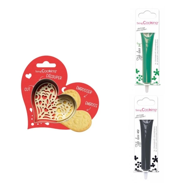 Kit Pour Biscuit En Relief Coeur + 2 Stylos Au Chocolat Vert Et Noir 1 Kit Pour Biscuit En Relief Coeur + 2 Stylos Au Chocolat Vert Et Noir