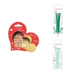 Kit Pour Biscuit En Relief Coeur + 2 Stylos Au Chocolat Vert Et Vert D'eau
