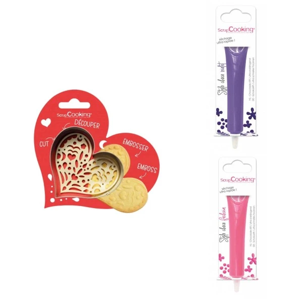 Kit Pour Biscuit En Relief Coeur + 2 Stylos Au Chocolat Violet Et Fuchsia 1 Kit Pour Biscuit En Relief Coeur + 2 Stylos Au Chocolat Violet Et Fuchsia